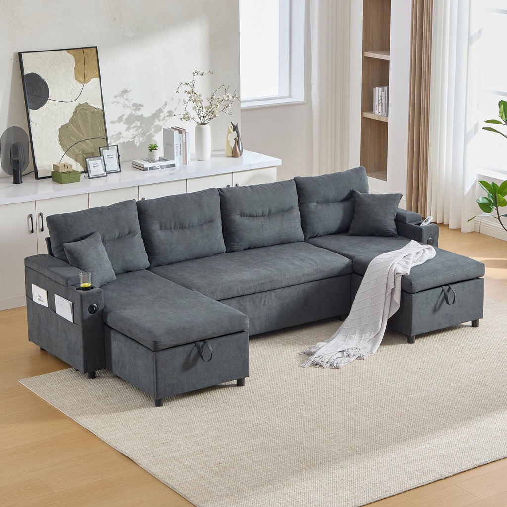 U-Shaped 4 Seater Linen Sofa 272 x 136 x 86cm, Dark Grey | Home Flatpack